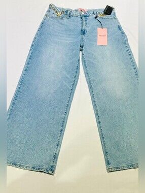 Juicy Couture Light Blue Wide-Leg Jeans with Gold Chain Waistband